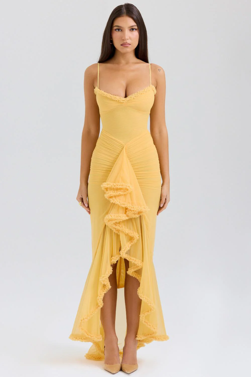 Alana Statement Bodycon Ruffled Dress In Yellow - Image 11