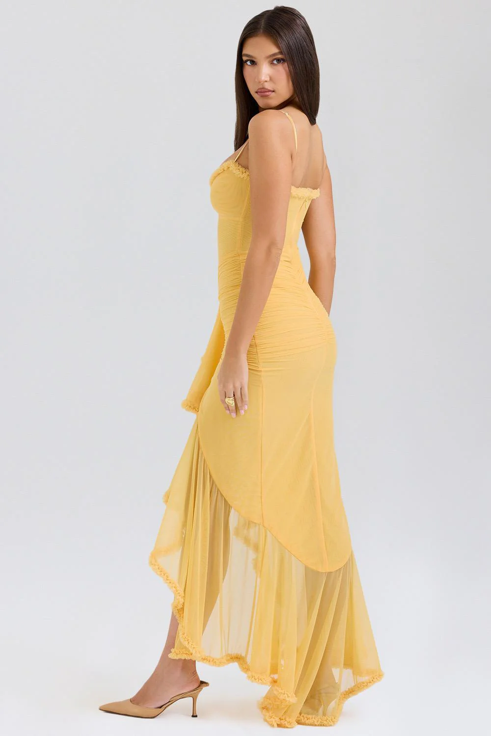 Alana Statement Bodycon Ruffled Dress In Yellow - Image 9