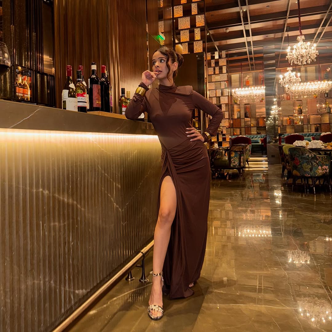 Alina Statement  Slit Cut Maxi Dress In Brown - Image 2