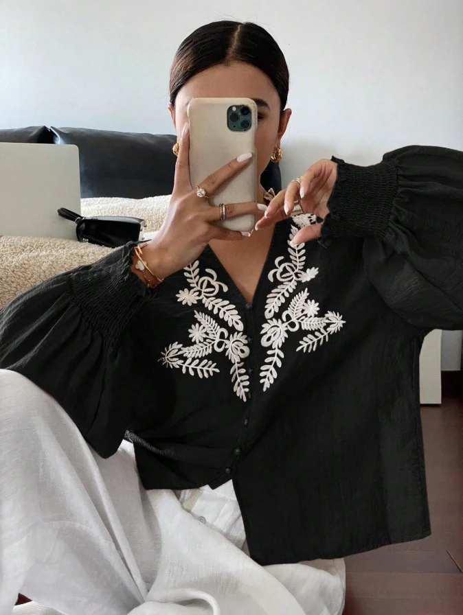 Amanda Cotton Embroidered Top In Black - Image 2