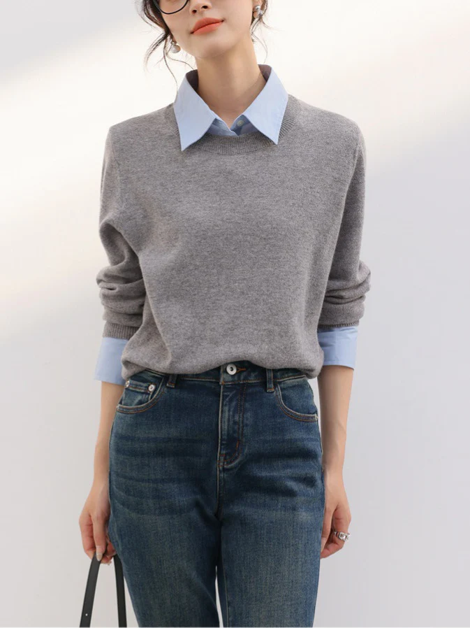 Ambre Statement Shirt With Attached Sweater In Grey - Image 2
