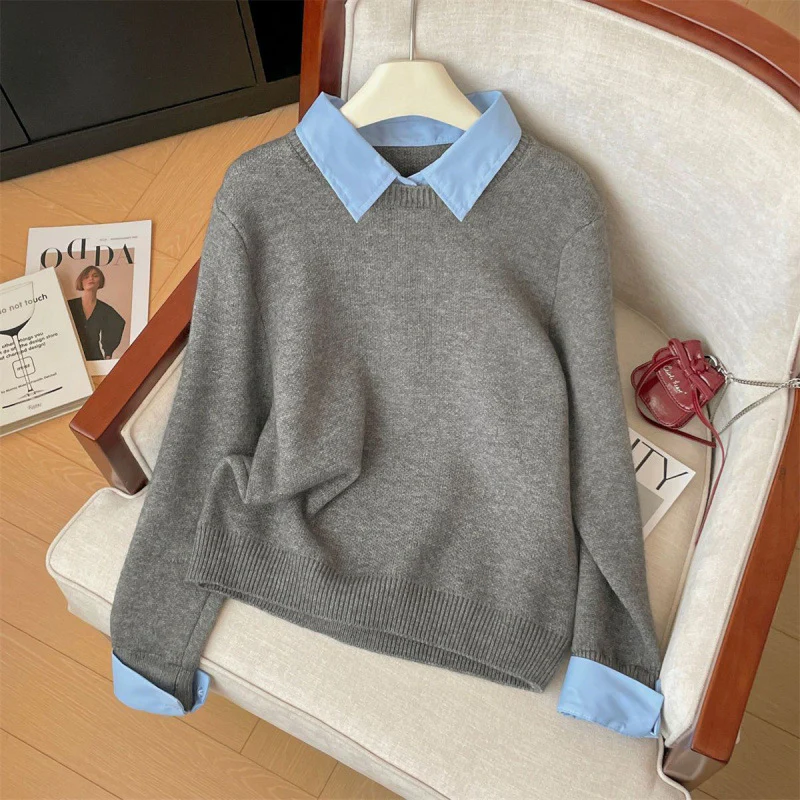 Ambre Statement Shirt With Attached Sweater In Grey - Image 3