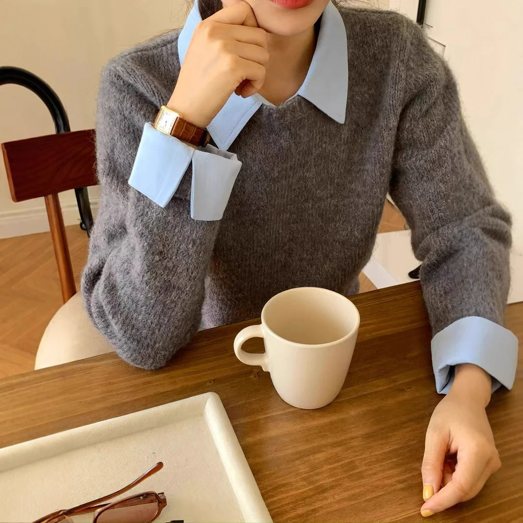 Ambre Statement Shirt With Attached Sweater In Grey - Image 4