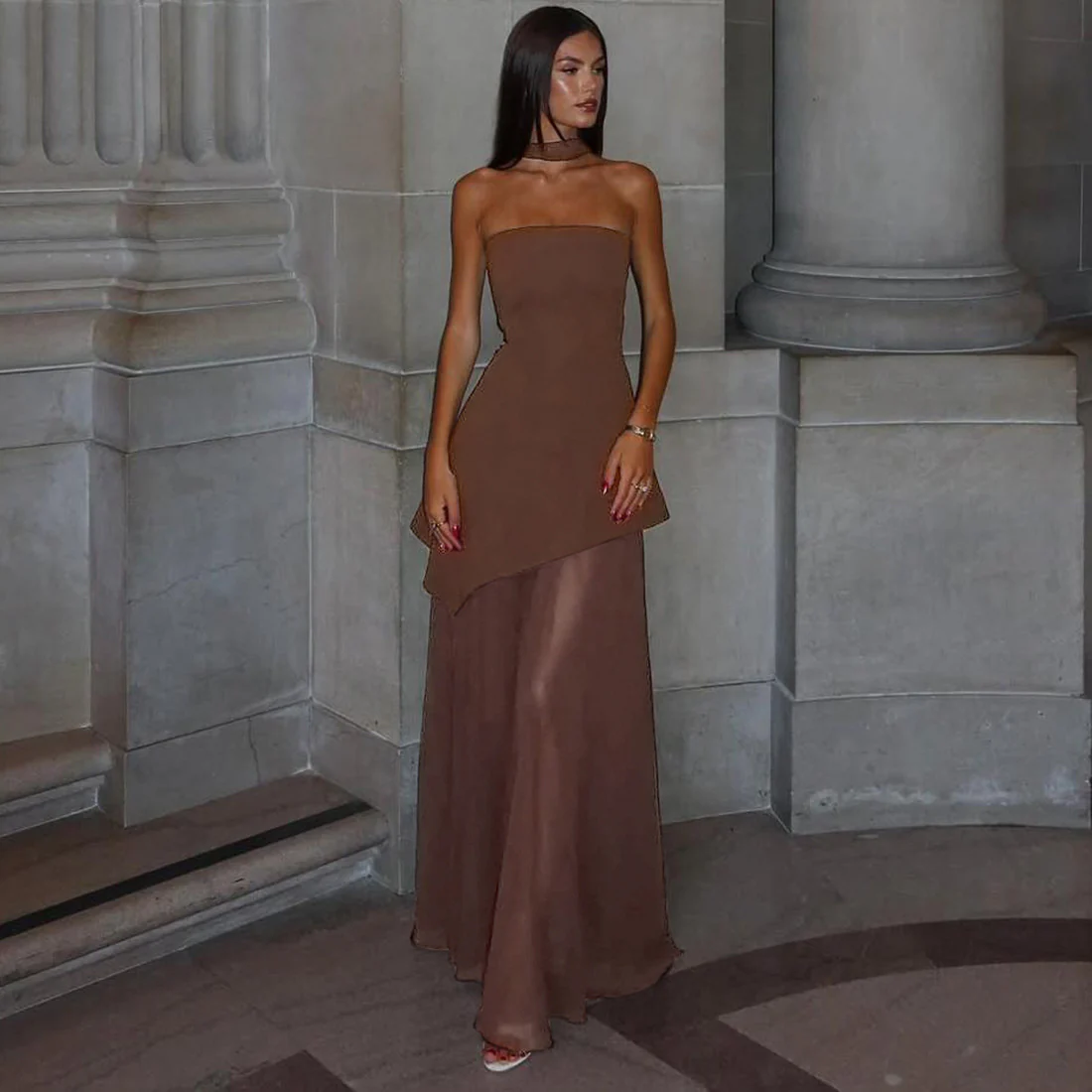 Annora Off-Shoulder Maxi Dress With Scarf In Brown - Image 2
