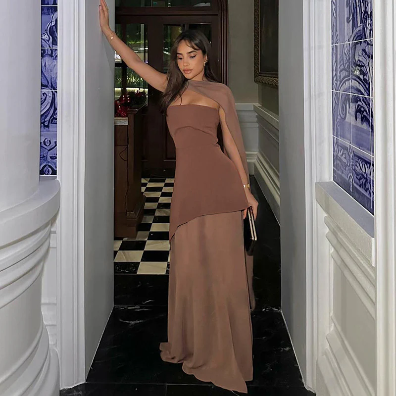 Annora Off-Shoulder Maxi Dress With Scarf In Brown - Image 3