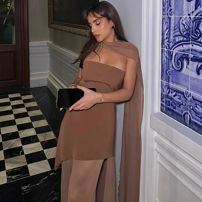 Annora Off-Shoulder Maxi Dress With Scarf In Brown - Image 4