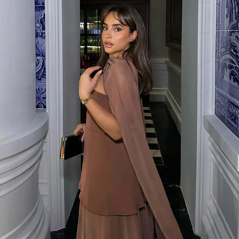 Annora Off-Shoulder Maxi Dress With Scarf In Brown - Image 6