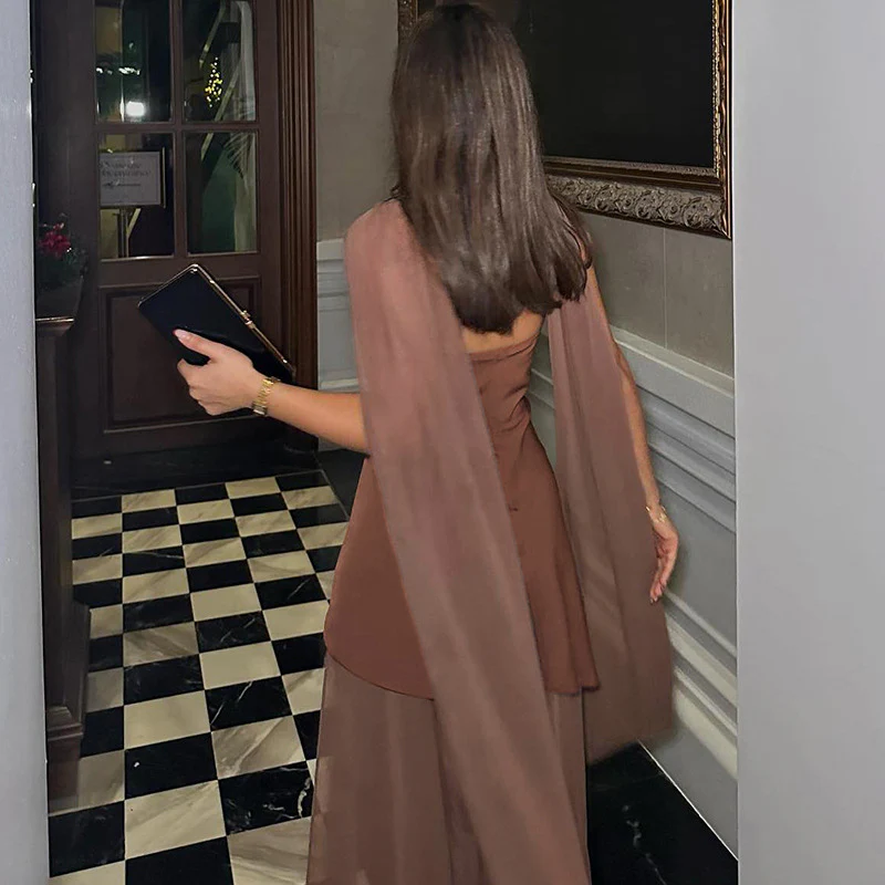Annora Off-Shoulder Maxi Dress With Scarf In Brown - Image 7