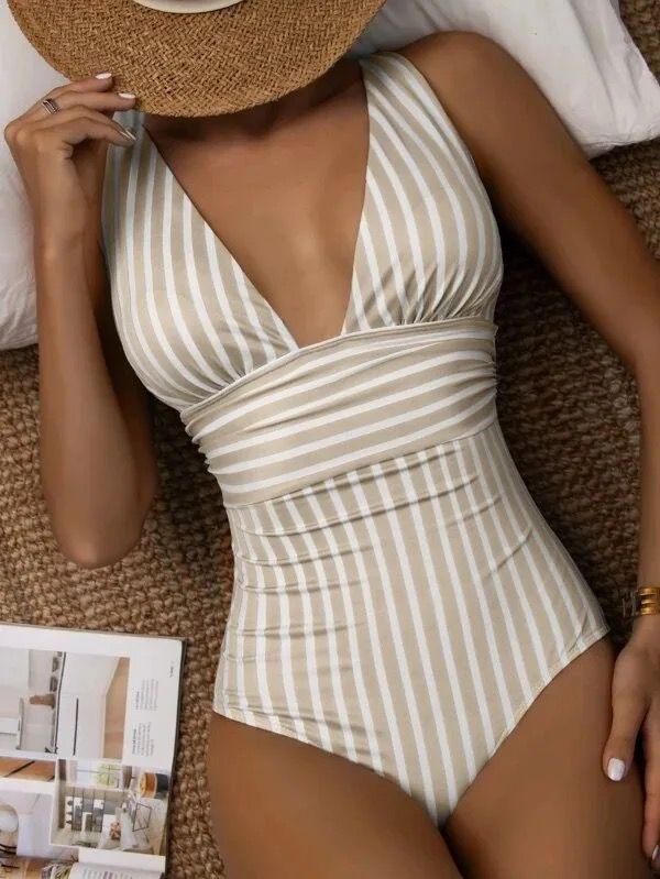 Arabella Stripped Swimsuit In Beige - Image 2