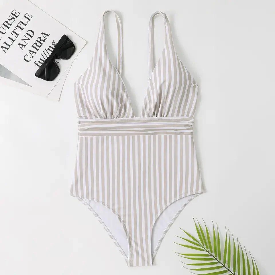 Arabella Stripped Swimsuit In Beige - Image 3