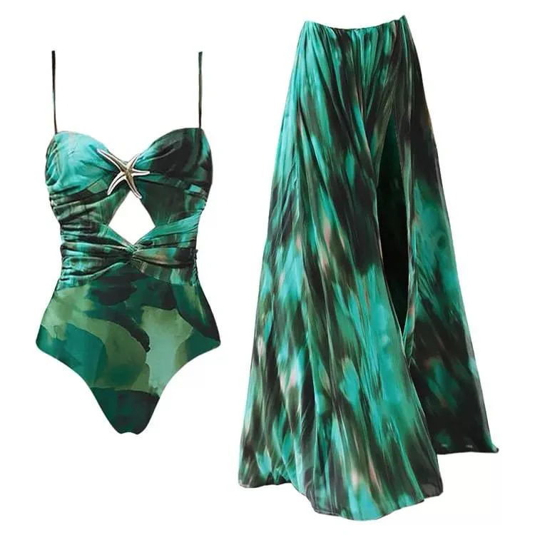 Aspen Swimsuit With Sarong Skirt In Dark Green - Image 4