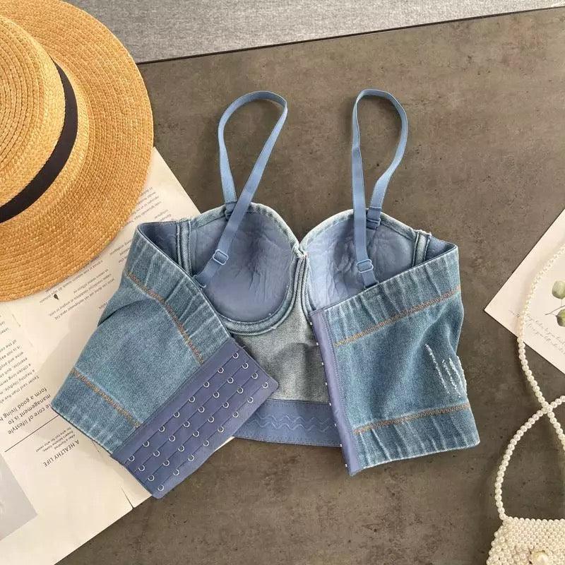 Aster Denim Bustier In Blue - Image 3