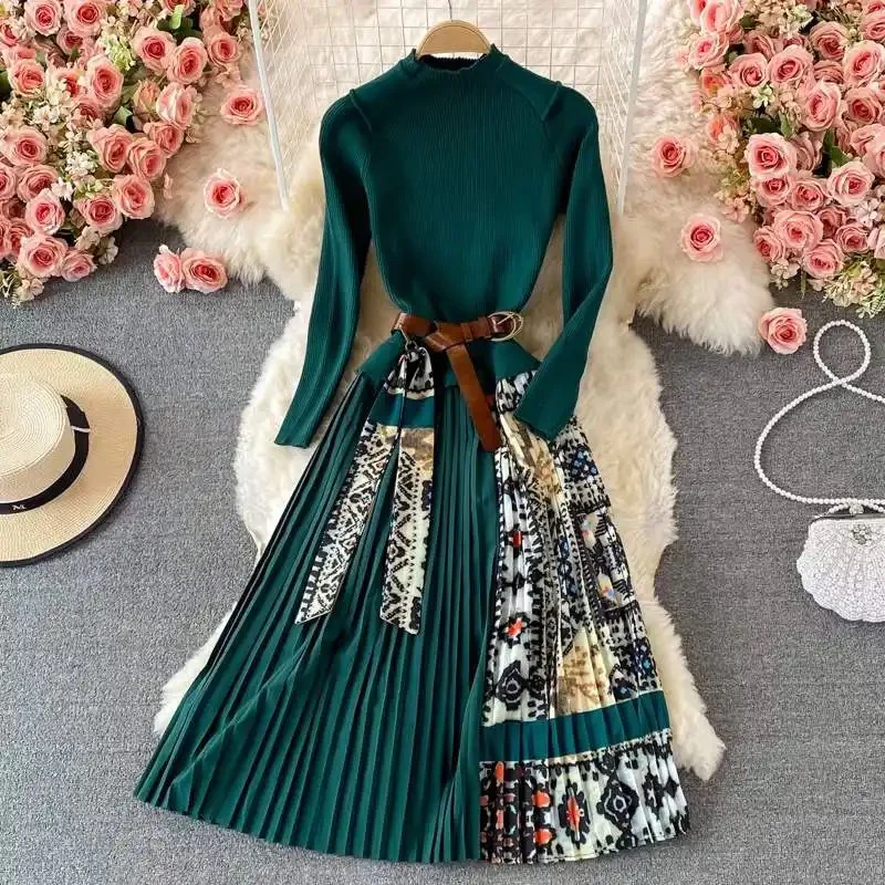 Bianca Pleated Woolen Dress with Belt - Image 2