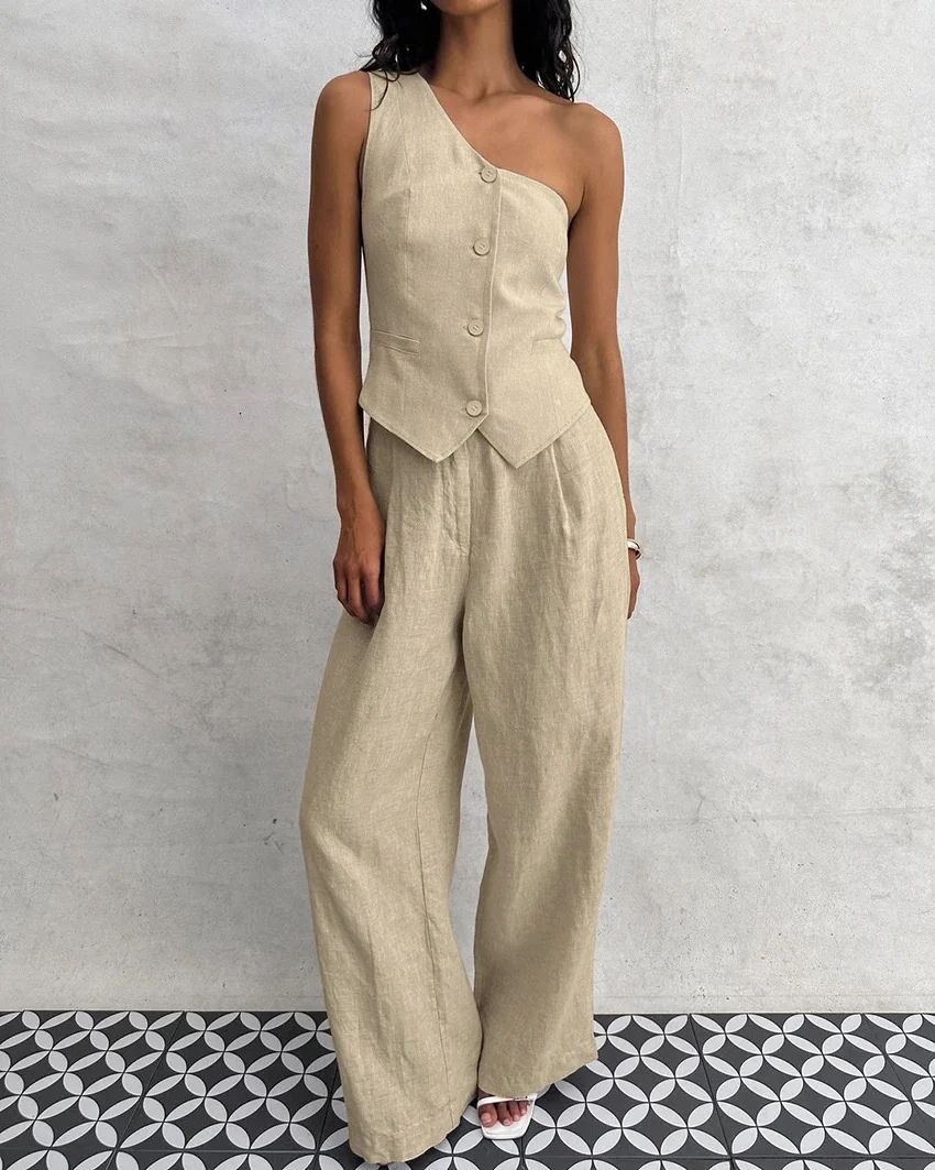 Boled Statement Vest Suit with Pants in Khaki - Image 4