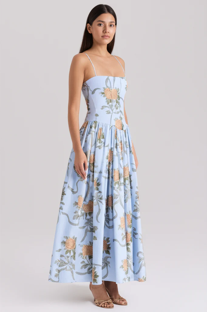Calina Luxe Floral Midi Dress In Blue