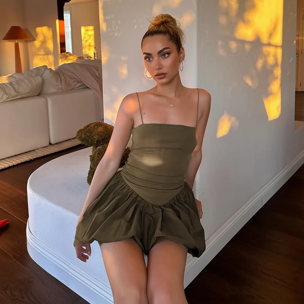 Camille Statement Balloon Dress In Olive - Image 2