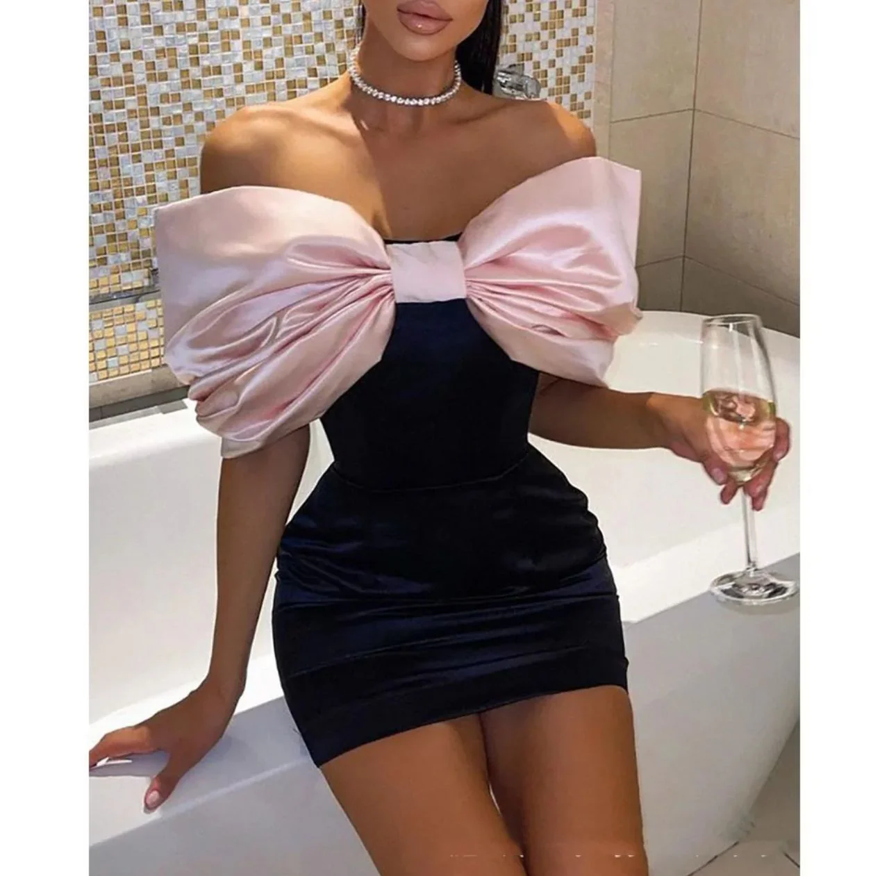 Candy Statement Bow Dress In Navy Blue - Image 2