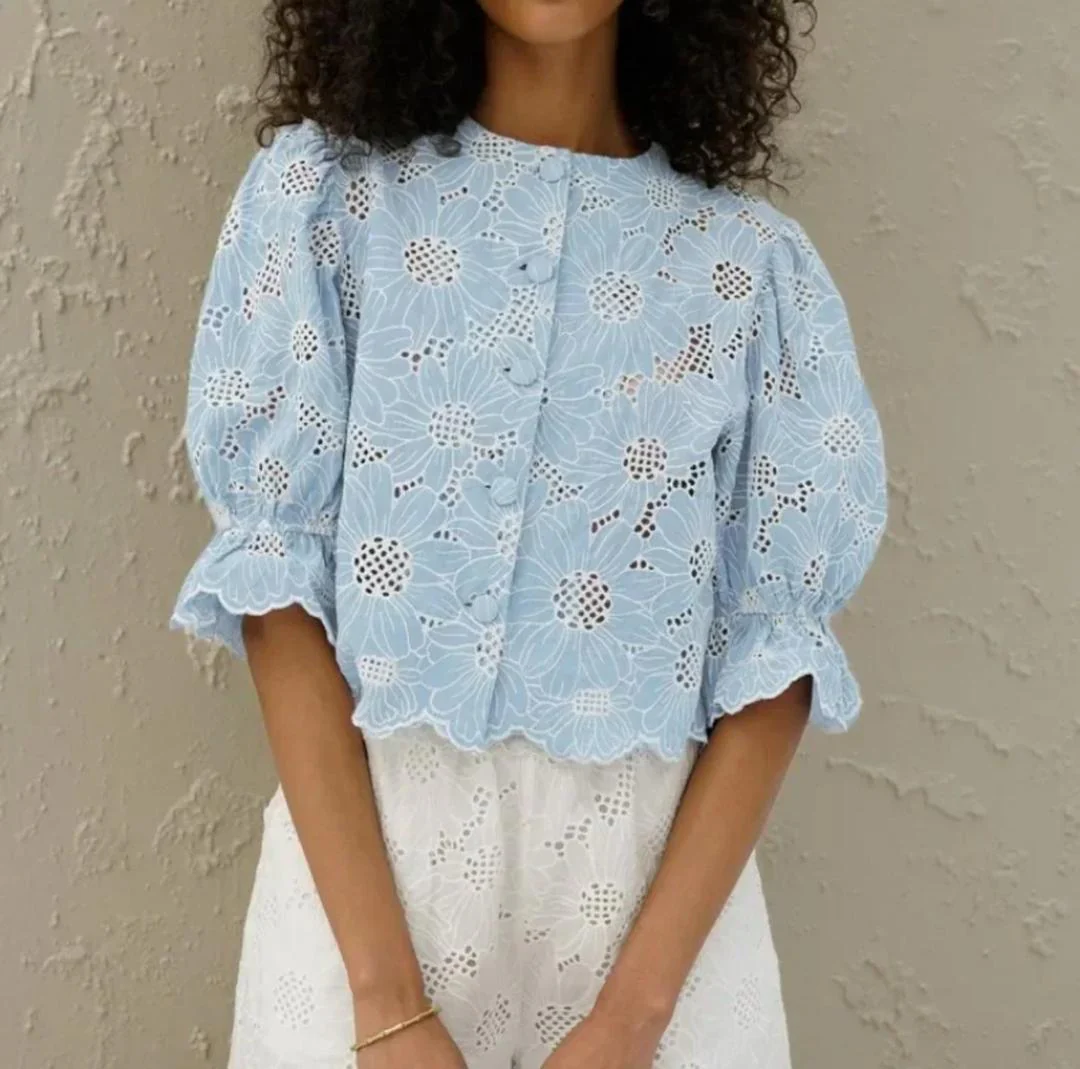 Coral Eyelet Summer Top In Blue - Image 4