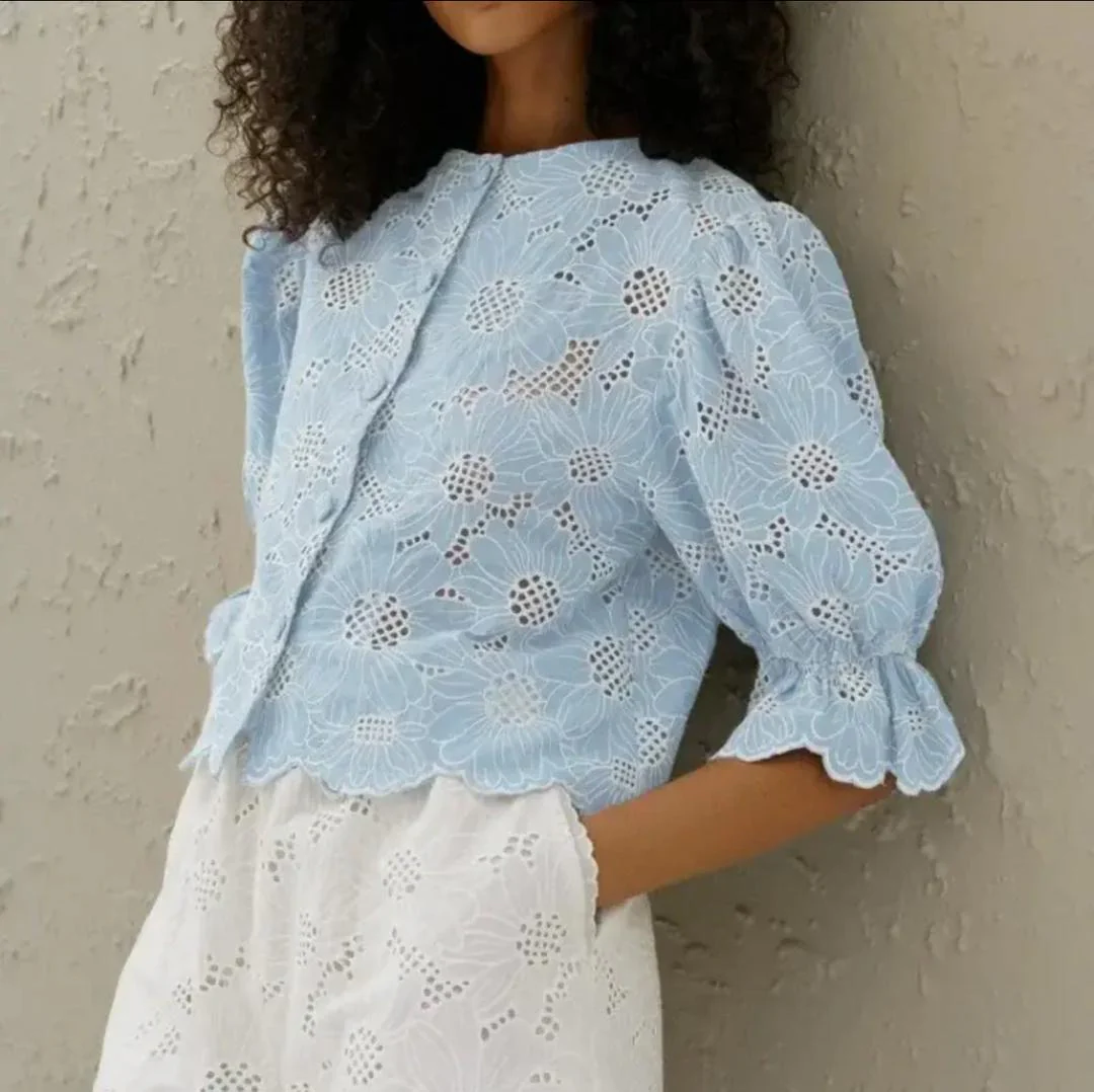 Coral Eyelet Summer Top In Blue - Image 5