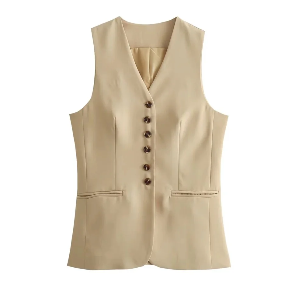 Cynthia Statement Vest Suit with Skirt In Beige - Image 2