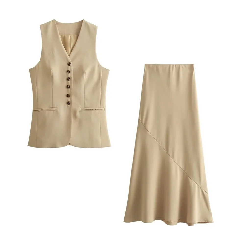 Cynthia Statement Vest Suit with Skirt In Beige - Image 4