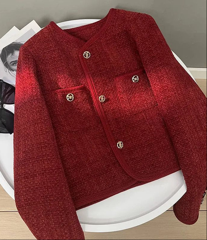 Darya Statement Tweed Jacket in Maroon - Image 2