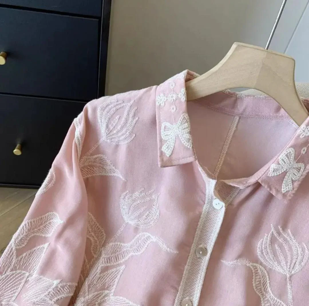 Deli Premium Embroidered Cotton Shirts In Pink - Image 6