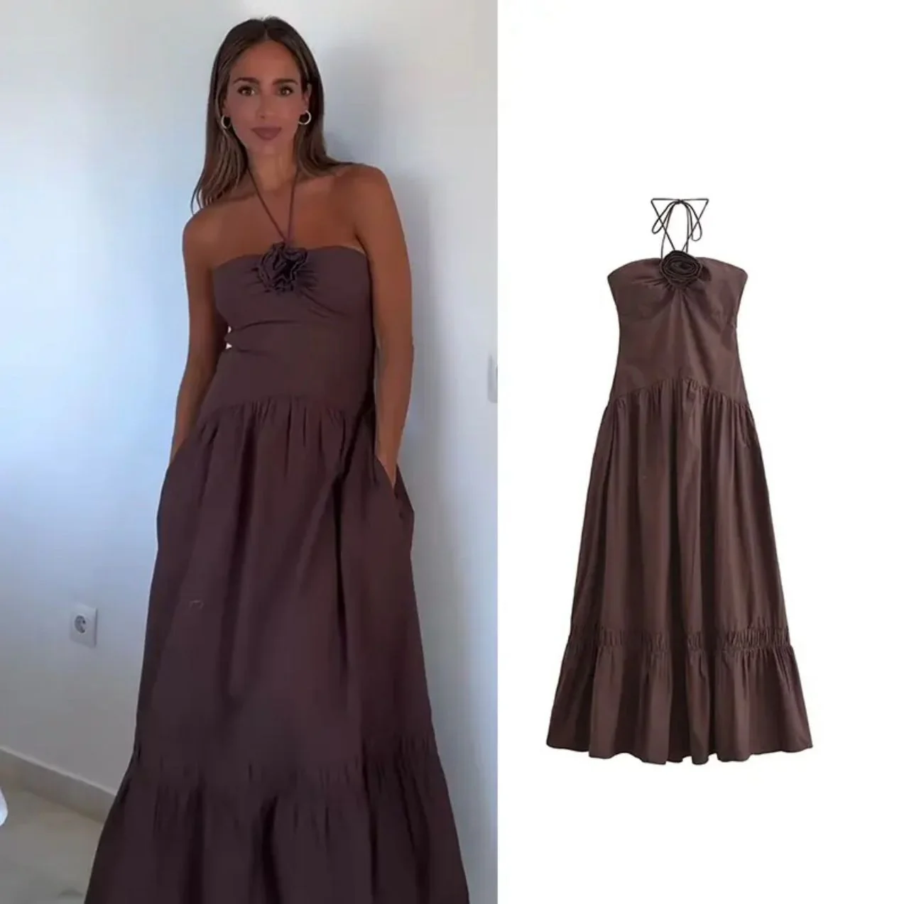 Delma Rosette Holiday Maxi Dress In Brown - Image 3