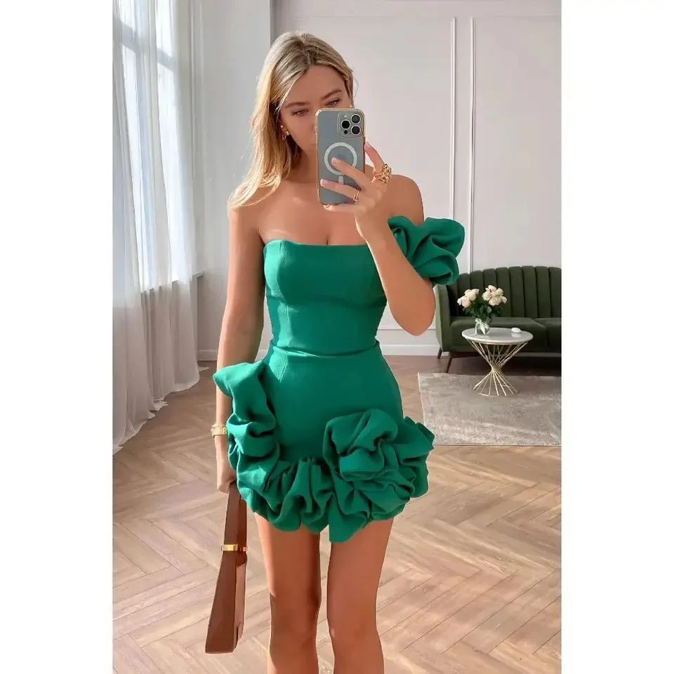 Diana One Shoulder Ruffled Dress In Green