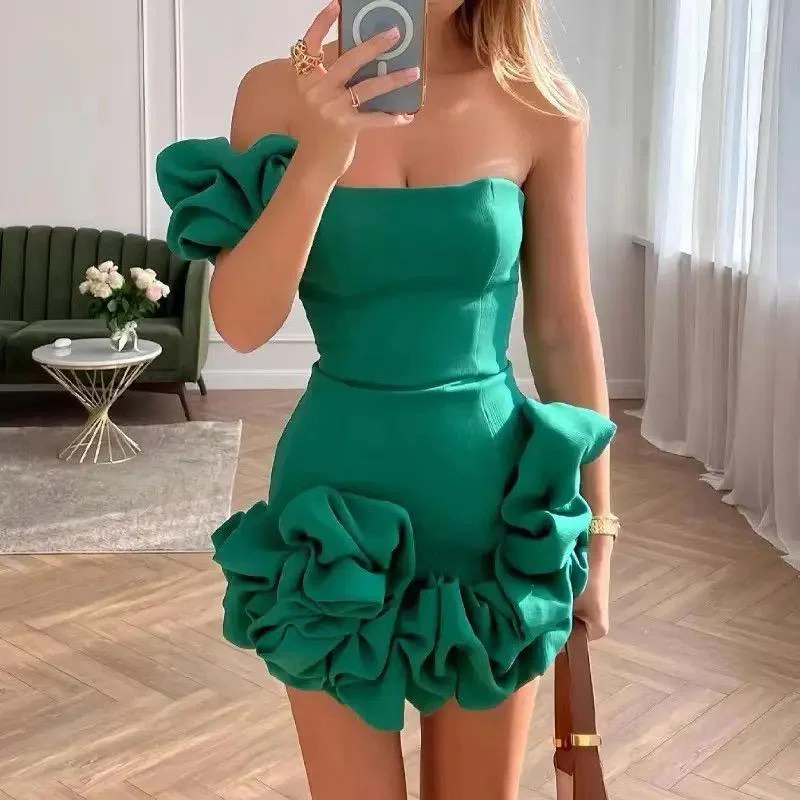 Diana One Shoulder Ruffled Dress In Green - Image 2