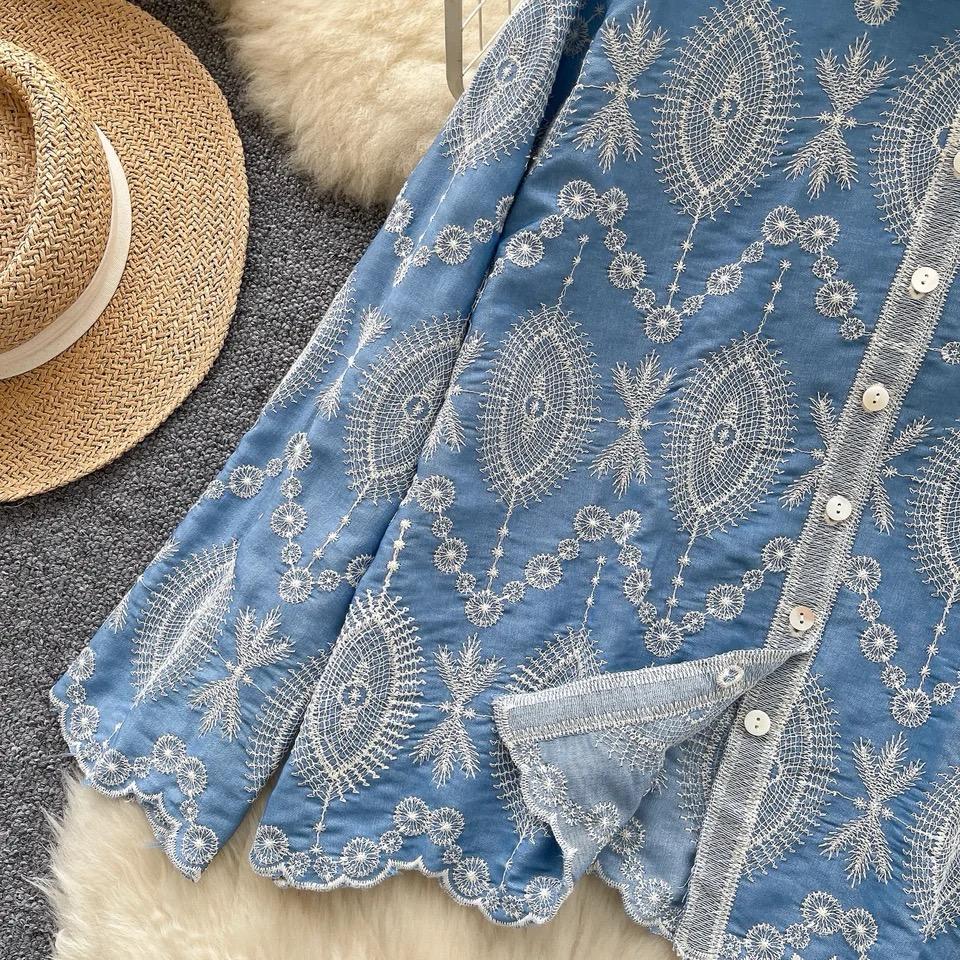 Dion Premium Embroidered Cotton Shirt In Blue - Image 4