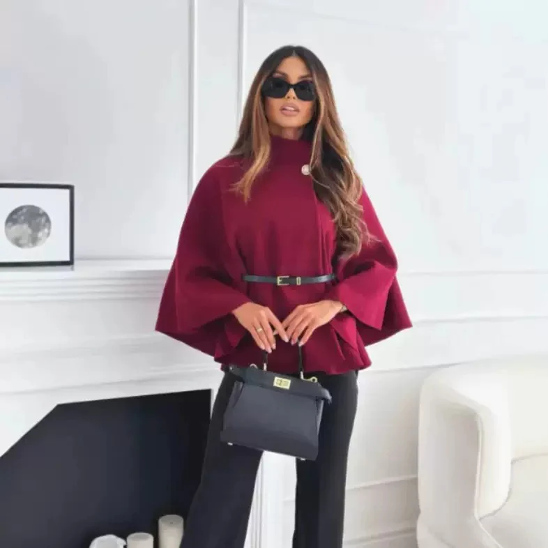 Donatella Winter Cape With Belt In Maroon - Image 4