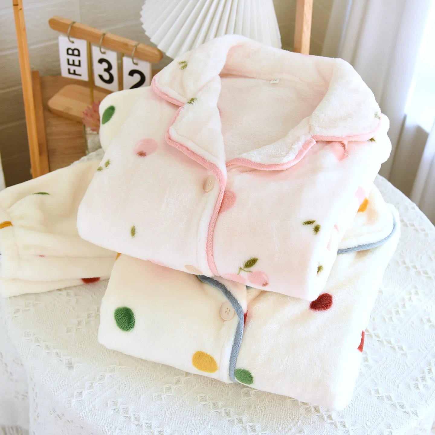 Elena Cherry Fleece Nightsuit In Peach - Image 2