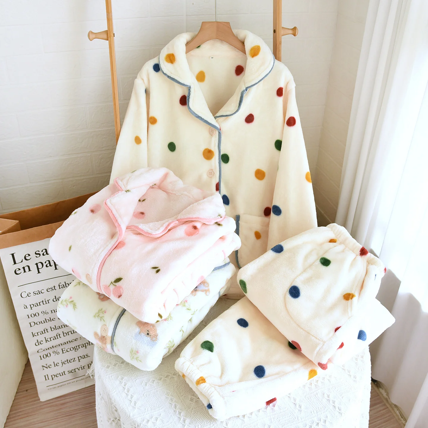 Elena Cherry Fleece Nightsuit In Peach - Image 3