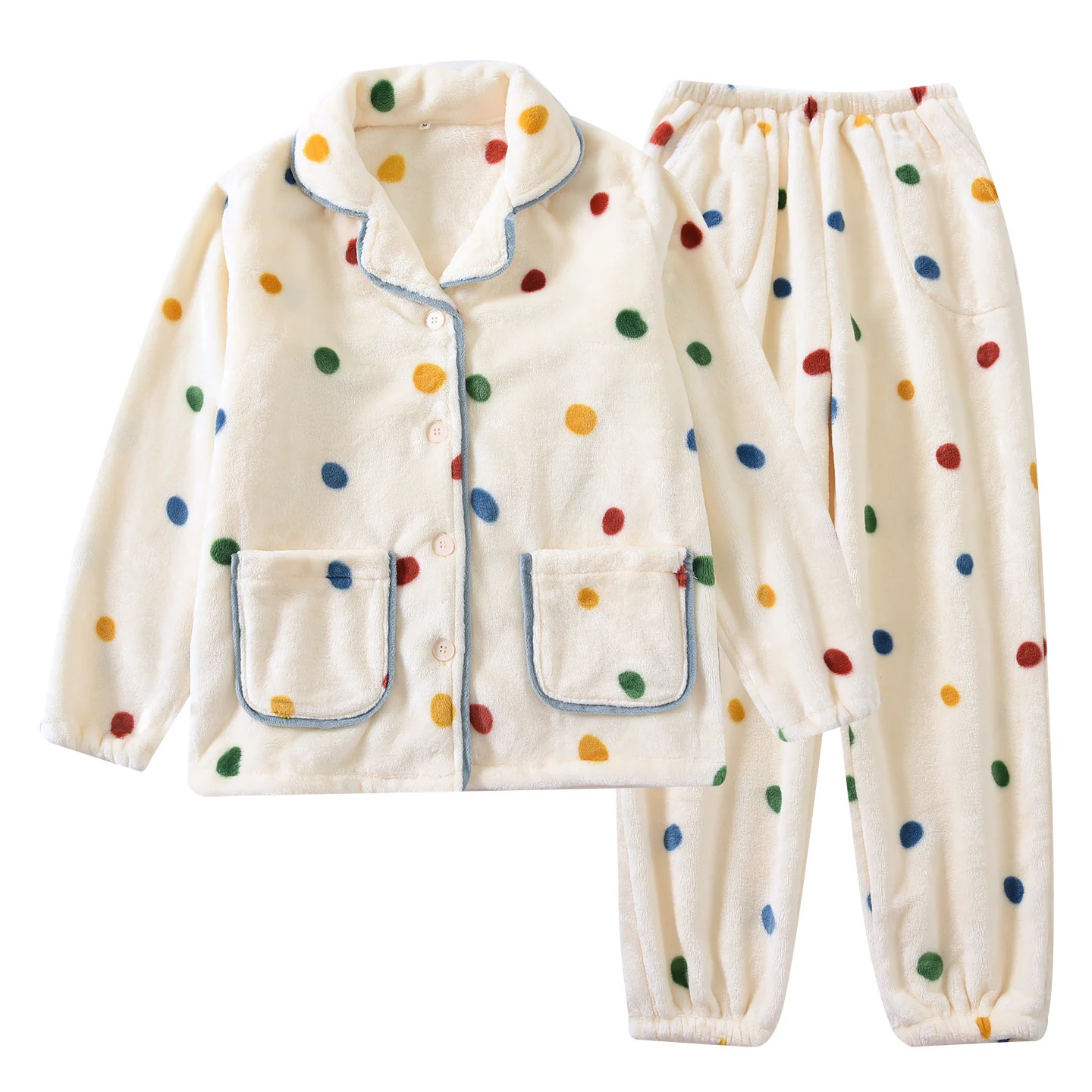 Elena Polka Fleece Nightsuit In Cream - Image 3