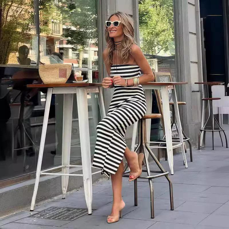 Emery Striped Offshoulder Dress In Black - Image 3