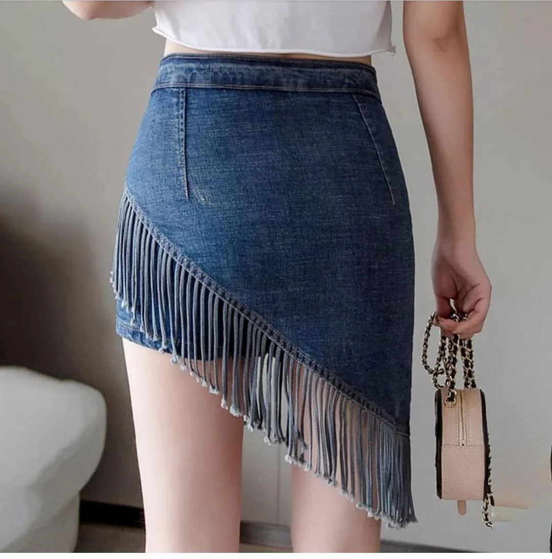 Fringes Denim Skirt in Blue - Image 3