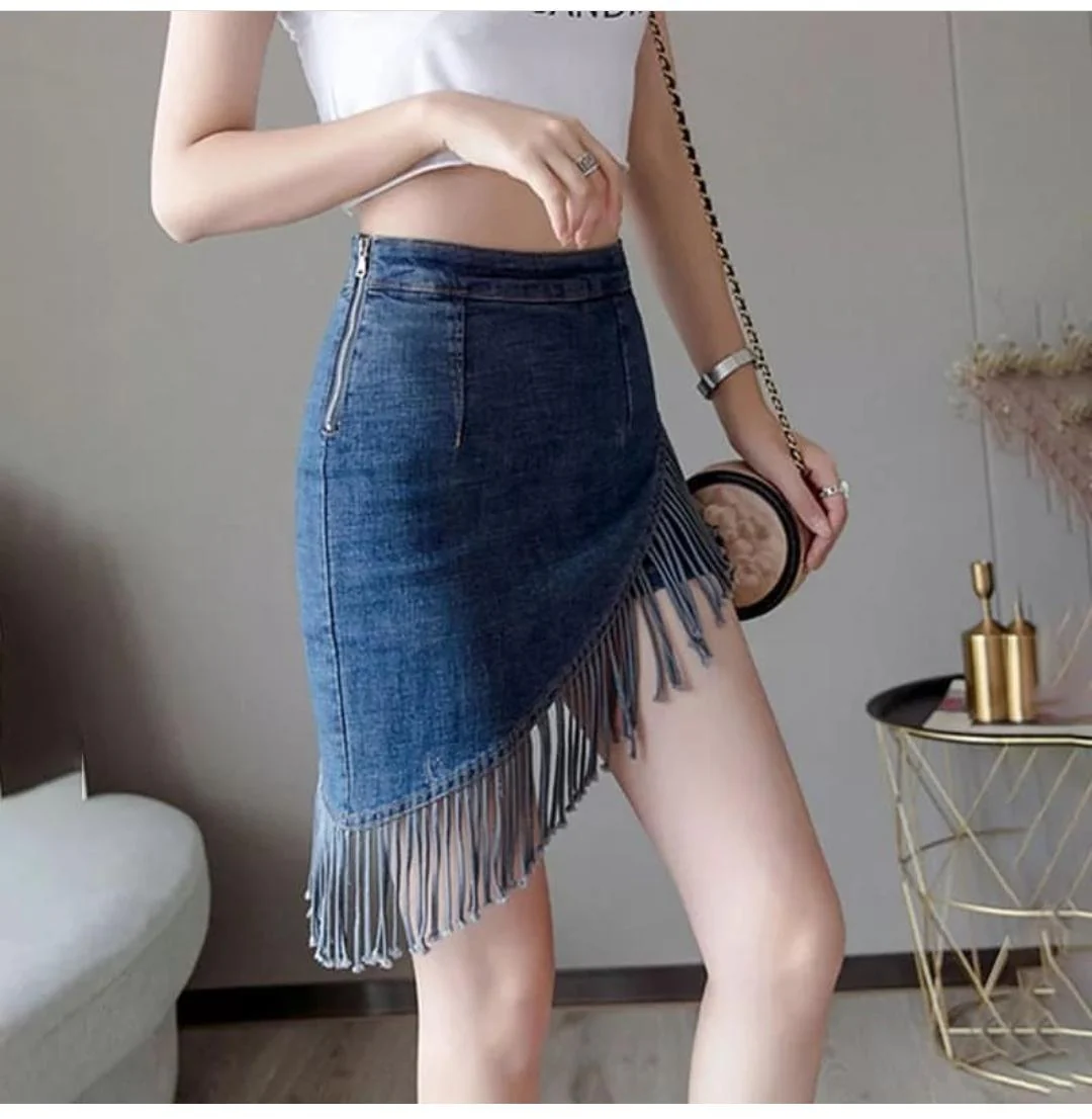 Fringes Denim Skirt in Blue - Image 5