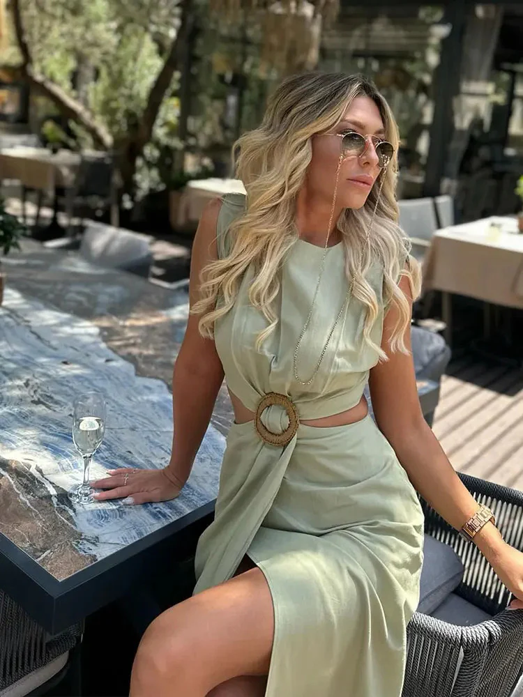 Galina Waist Cut-Out Slit Dress In Pista Green - Image 2