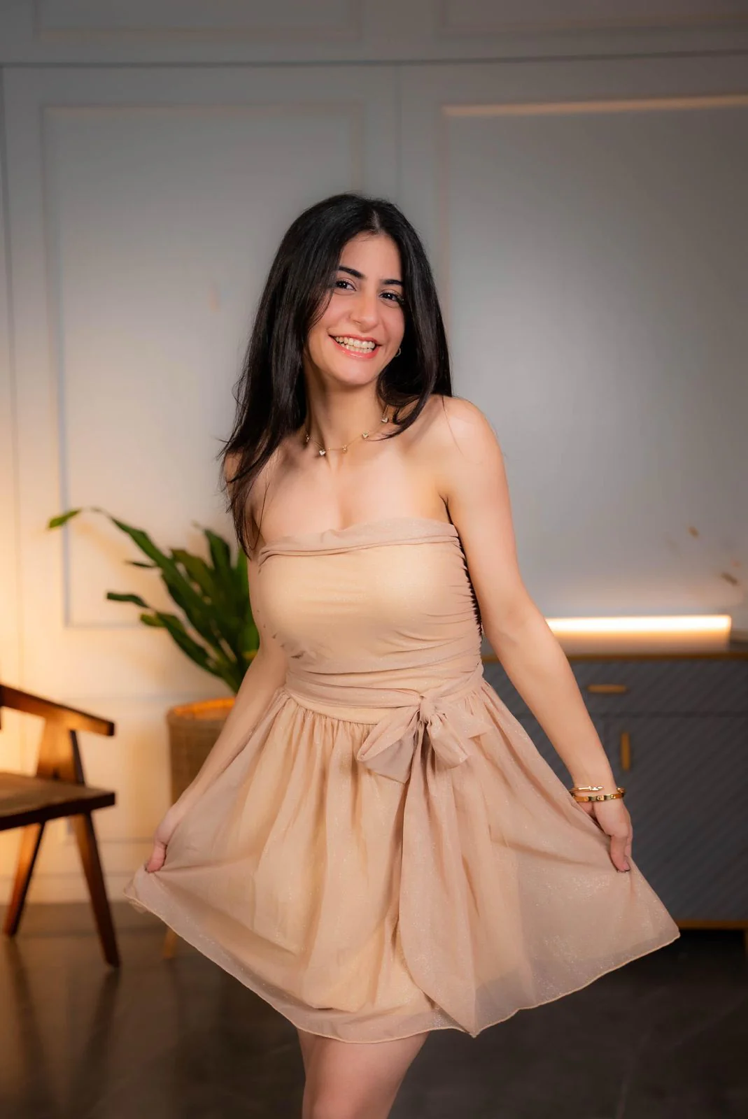 Galliana Strapless Mesh Dress In Beige