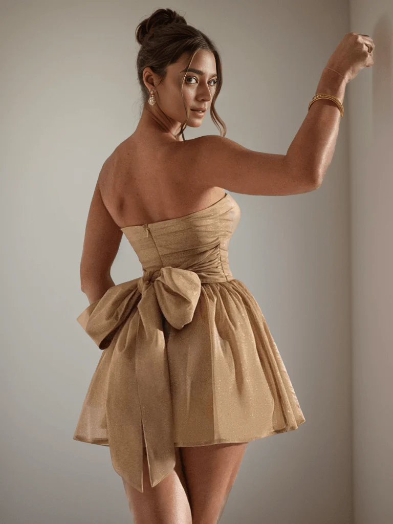 Galliana Strapless Mesh Dress In Beige - Image 3