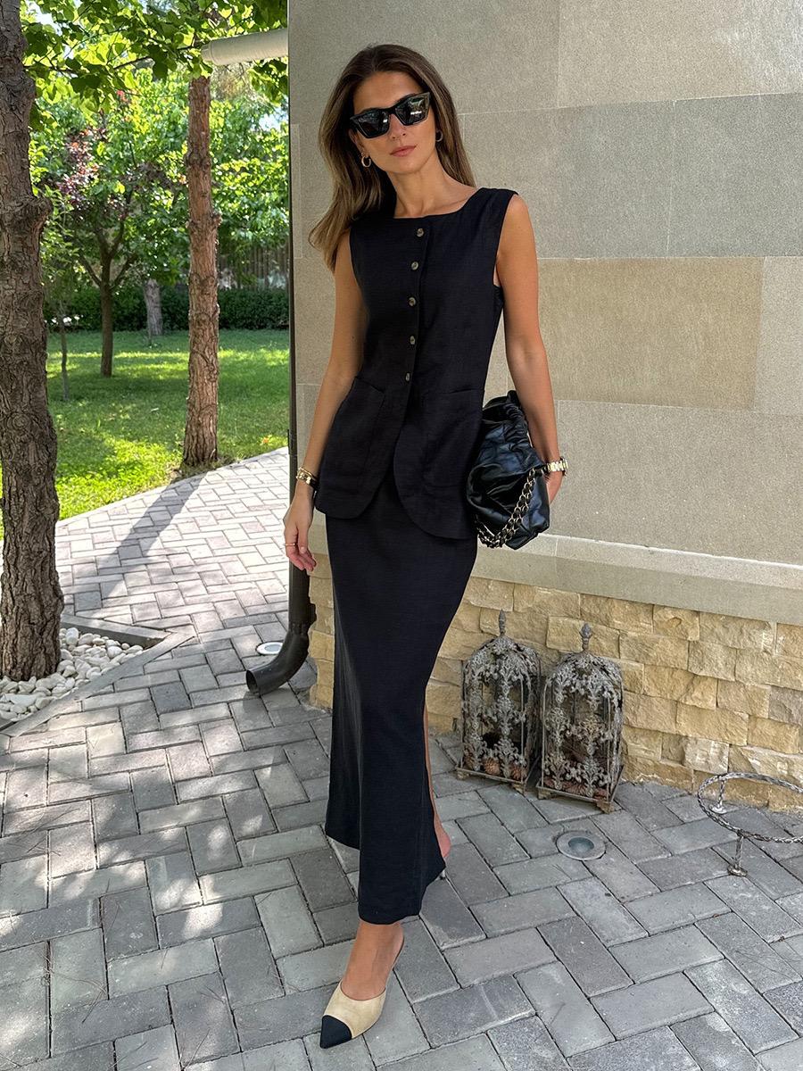 Geneva Statement Linen Vest Suit With Skirt In Black - Image 3