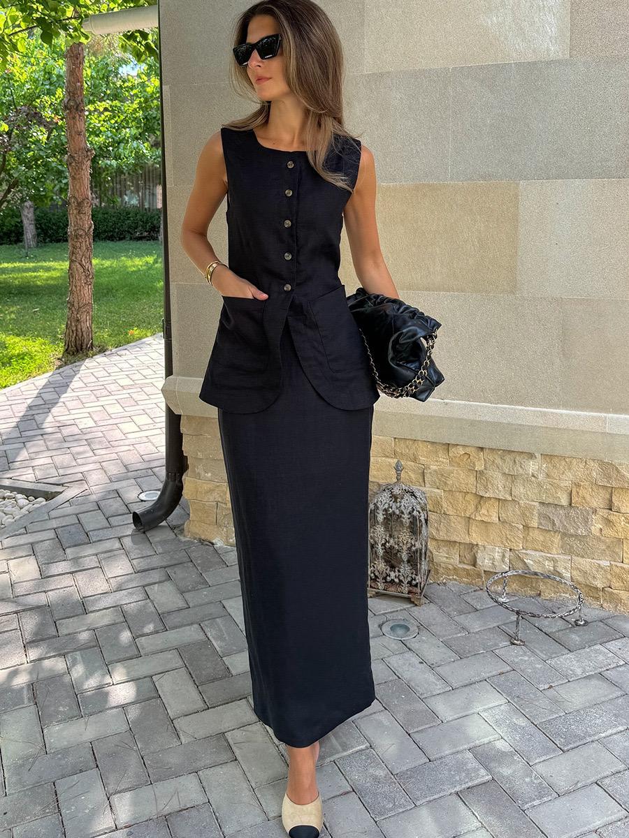 Geneva Statement Linen Vest Suit With Skirt In Black - Image 4