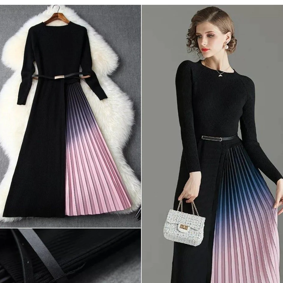 Gradient Pleated Dress in Black - Image 4