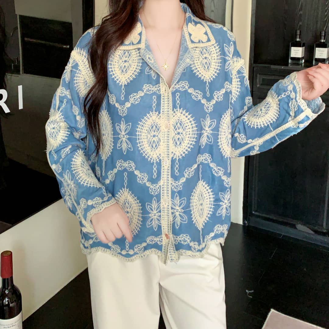 Hana Premium Embroidered Cotton Shirt In Blue - Image 2