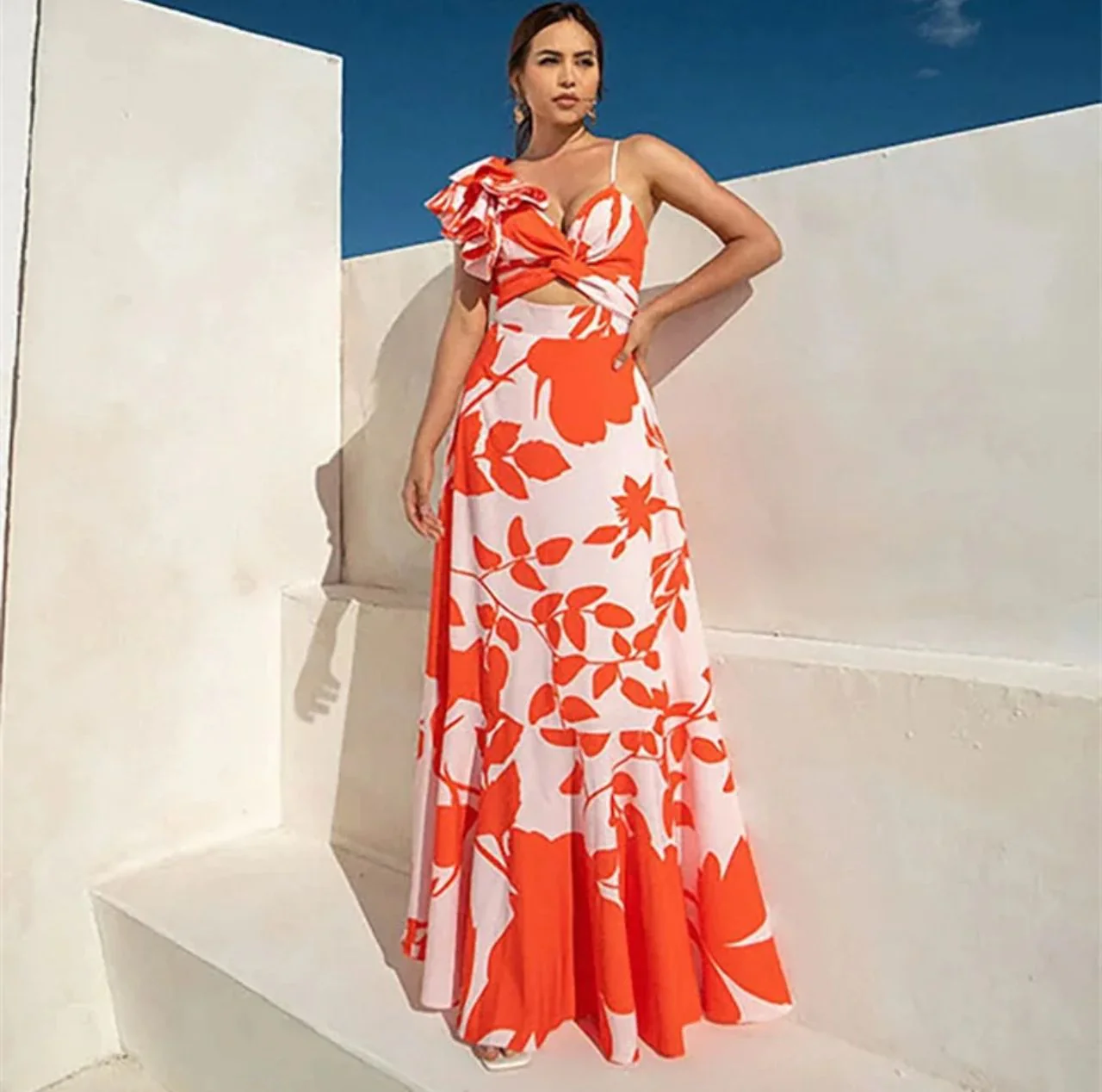 Harley Swimsuit With Sarong Skirt In Orange - Image 2
