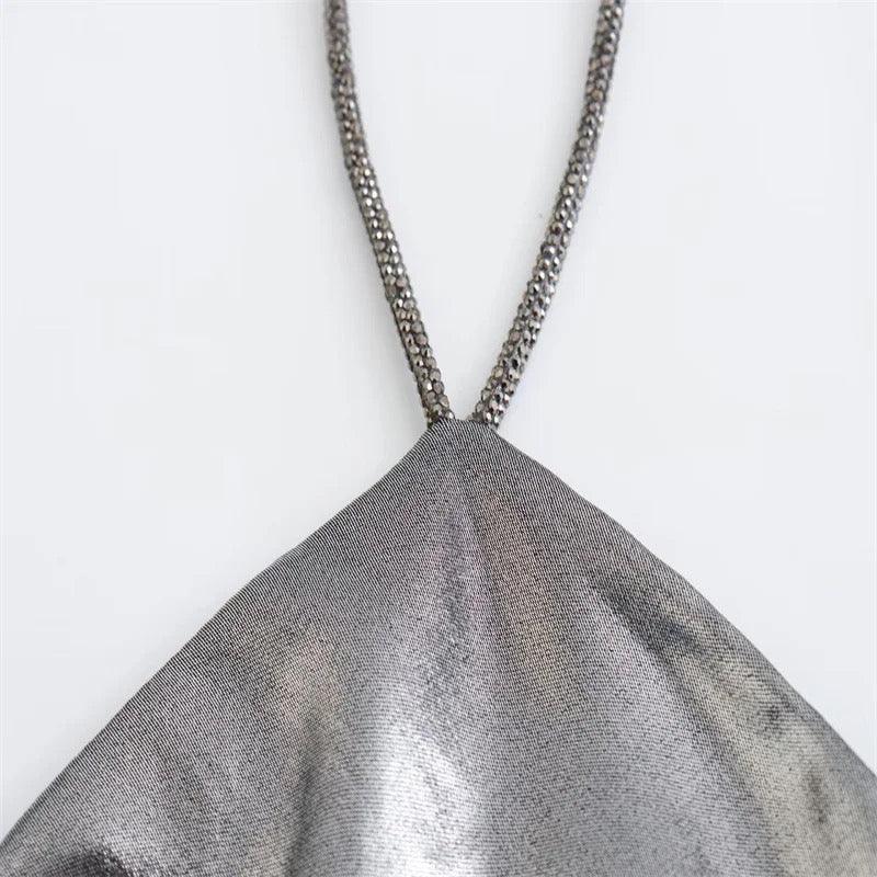 Helen Mettalic Halter Party Midi Dress In Sliver - Image 3