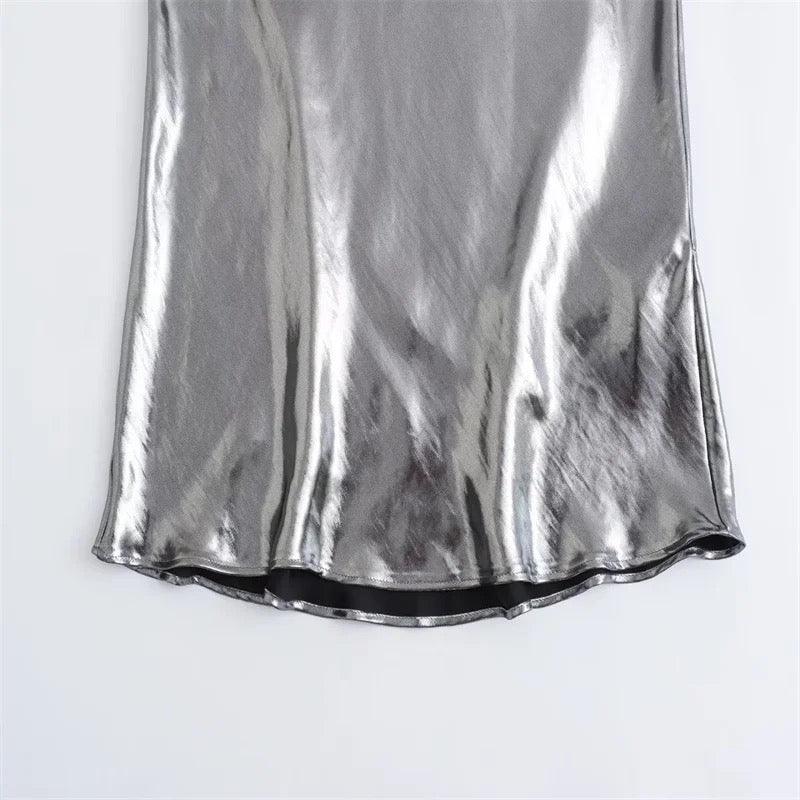 Helen Mettalic Halter Party Midi Dress In Sliver - Image 4