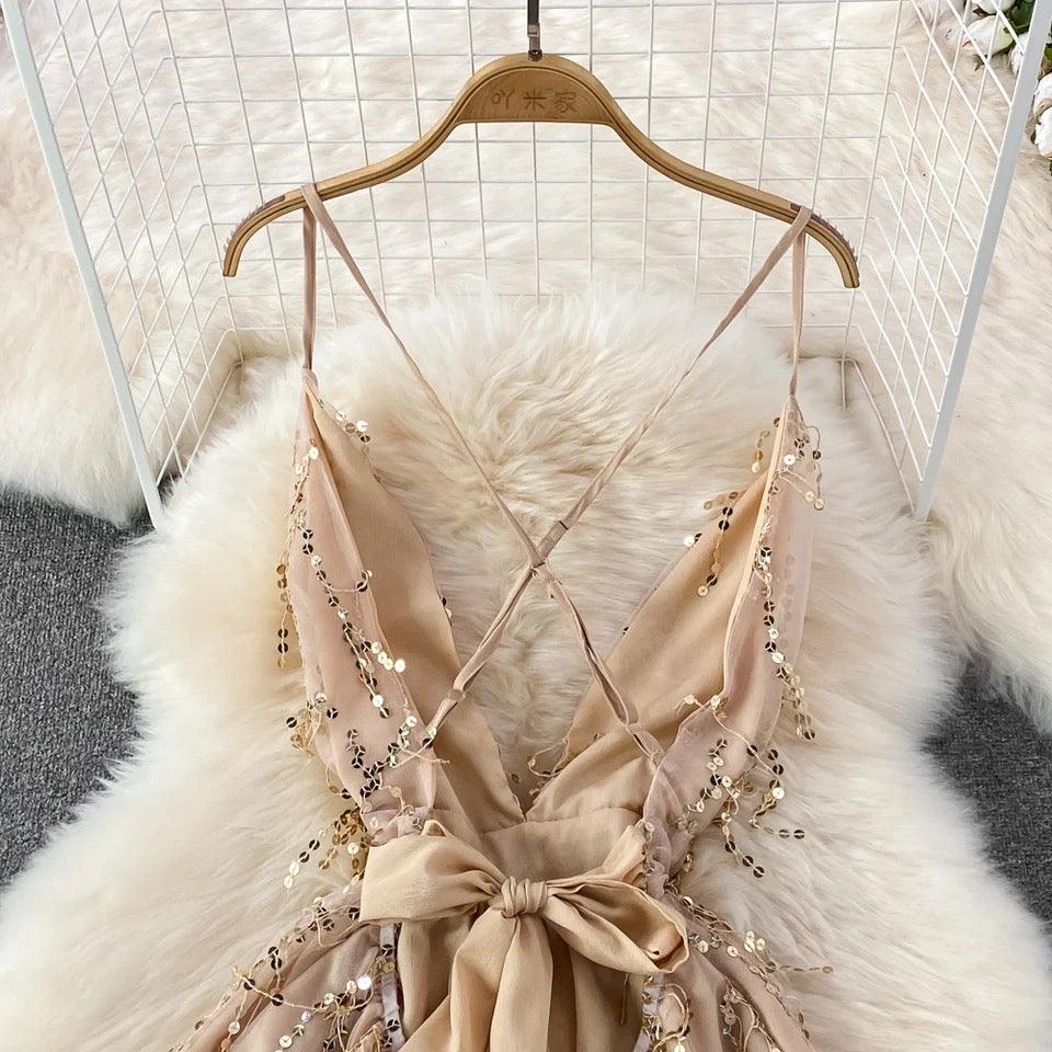 Jarold Mesh Detail Party Dress in Beige - Image 4