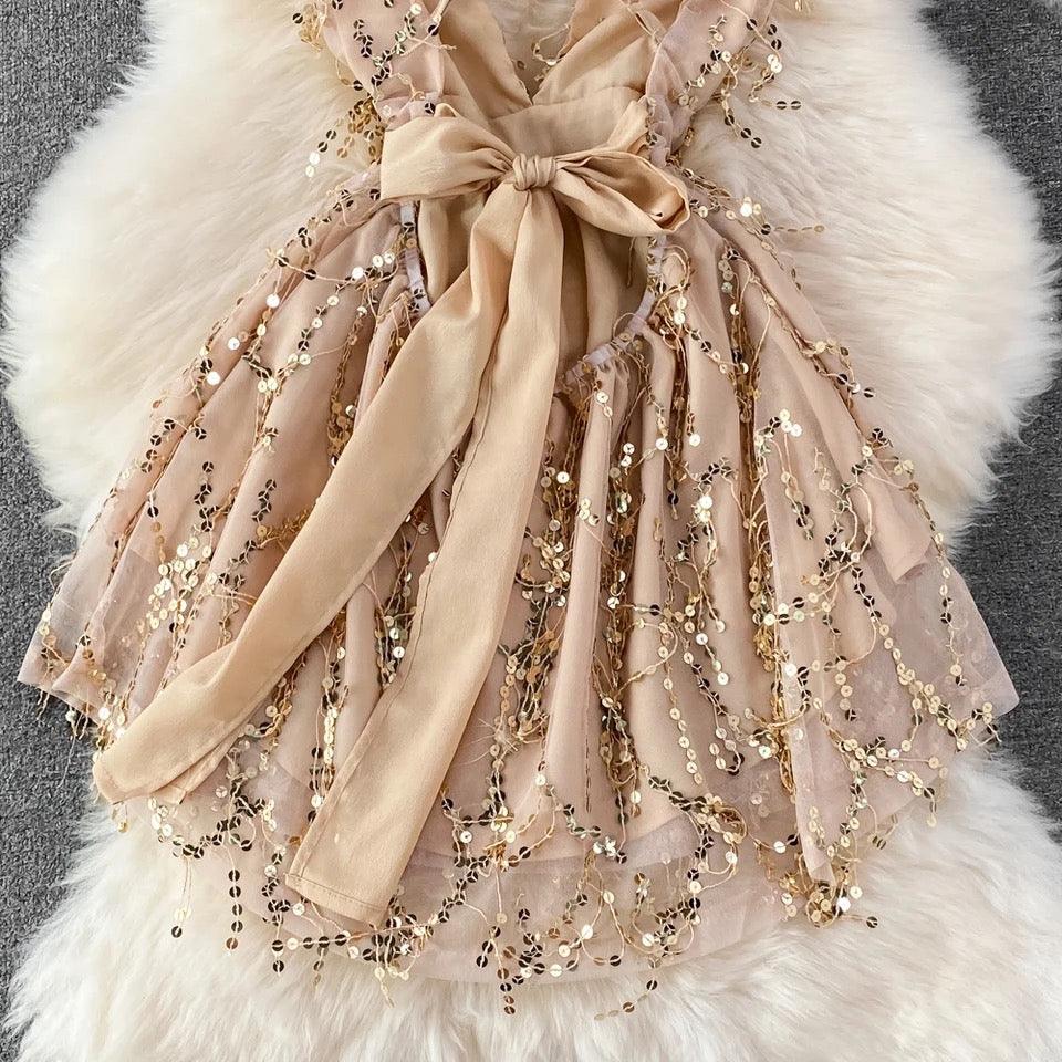 Jarold Mesh Detail Party Dress in Beige - Image 5